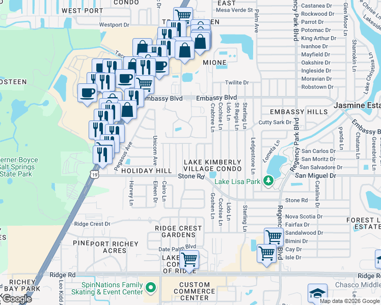 map of restaurants, bars, coffee shops, grocery stores, and more near 9120 Saint Clair Lane in Port Richey