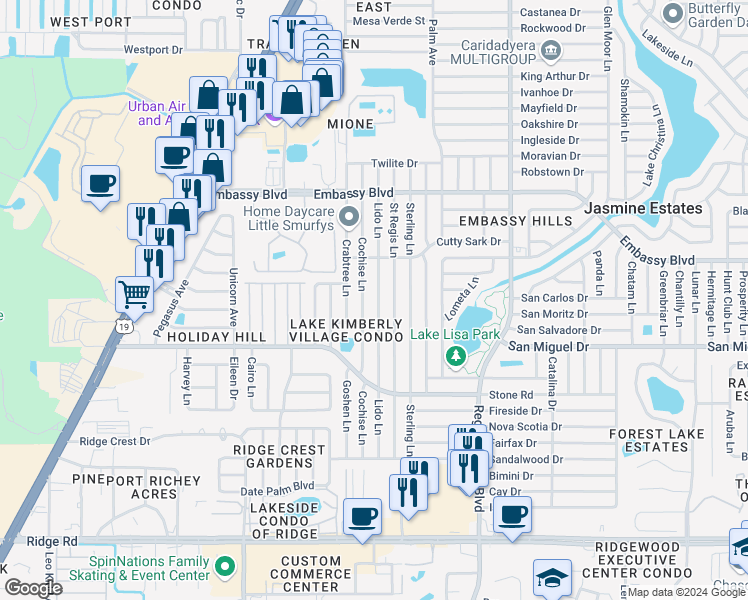 map of restaurants, bars, coffee shops, grocery stores, and more near 9041 Lido Lane in Port Richey