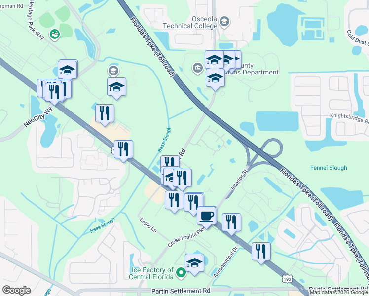 map of restaurants, bars, coffee shops, grocery stores, and more near 253 Simpson Road in Kissimmee