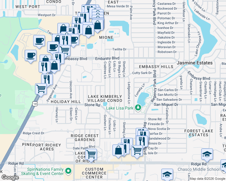 map of restaurants, bars, coffee shops, grocery stores, and more near 9125 Saint Regis Lane in Port Richey