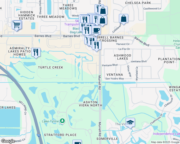 map of restaurants, bars, coffee shops, grocery stores, and more near 4066 Meander Place in Rockledge