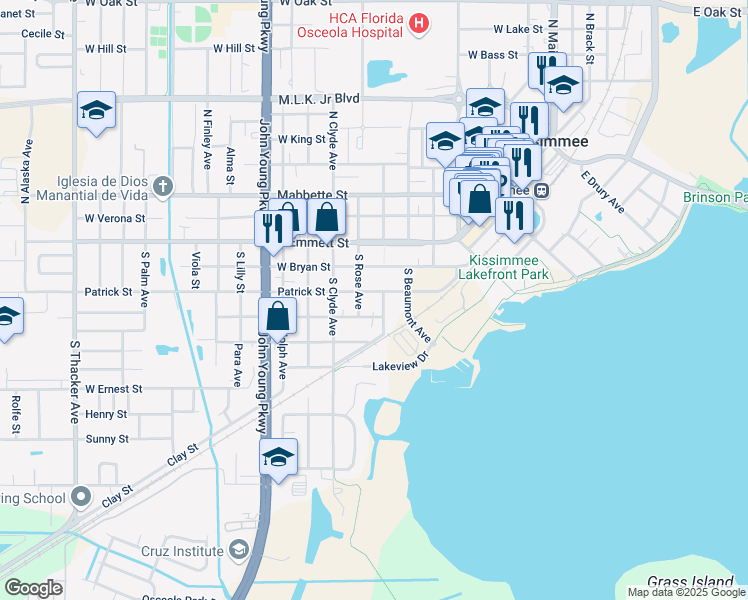map of restaurants, bars, coffee shops, grocery stores, and more near 2 West Bryan Street in Kissimmee