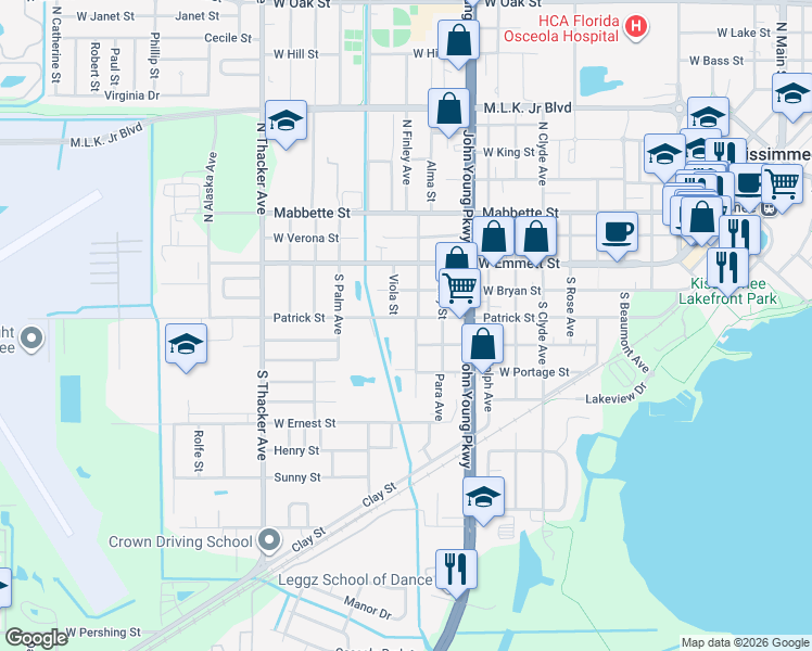 map of restaurants, bars, coffee shops, grocery stores, and more near 1409 Patrick Street in Kissimmee