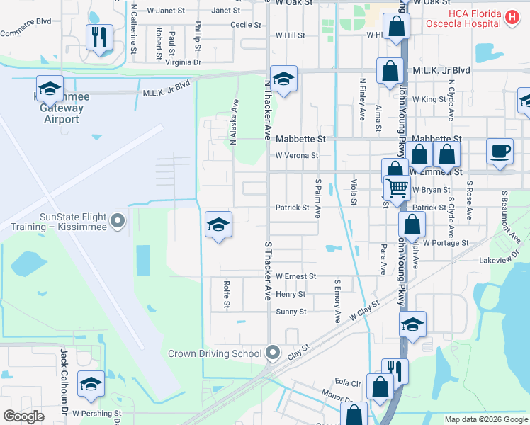 map of restaurants, bars, coffee shops, grocery stores, and more near 2013 Patrick Street in Kissimmee