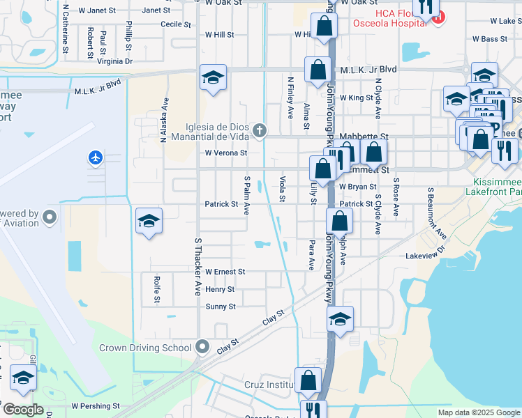 map of restaurants, bars, coffee shops, grocery stores, and more near 1601 Patrick Street in Kissimmee