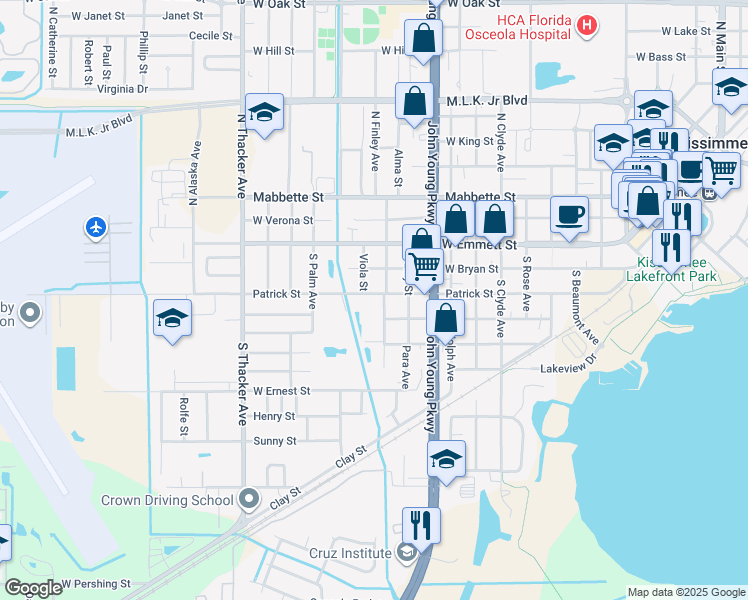 map of restaurants, bars, coffee shops, grocery stores, and more near 1409 Patrick Street in Kissimmee