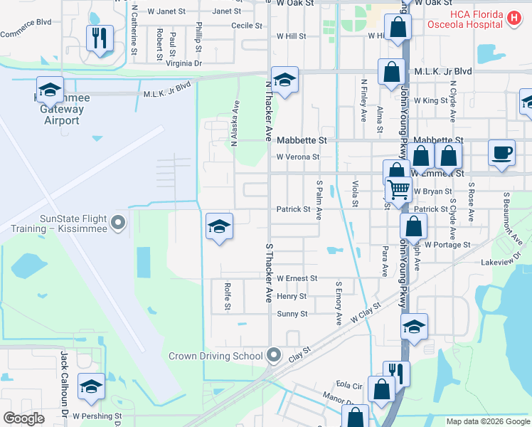 map of restaurants, bars, coffee shops, grocery stores, and more near 2013 Patrick Street in Kissimmee