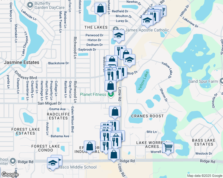 map of restaurants, bars, coffee shops, grocery stores, and more near 9101 Little Road in New Port Richey