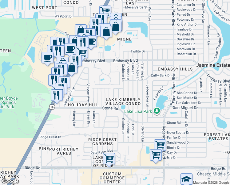 map of restaurants, bars, coffee shops, grocery stores, and more near 9120 Saint Clair Lane in Port Richey