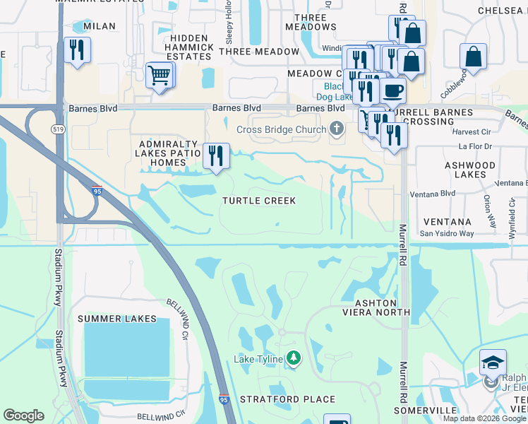 map of restaurants, bars, coffee shops, grocery stores, and more near 1548 Outrigger Circle in Rockledge