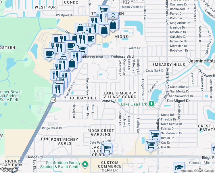 map of restaurants, bars, coffee shops, grocery stores, and more near 9120 Saint Clair Lane in Port Richey