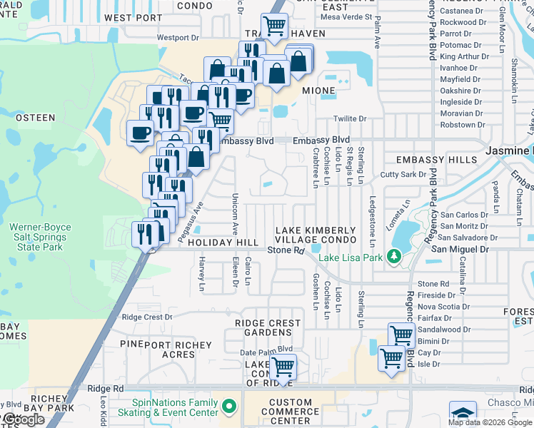 map of restaurants, bars, coffee shops, grocery stores, and more near 9112 Shawn Avenue in Port Richey
