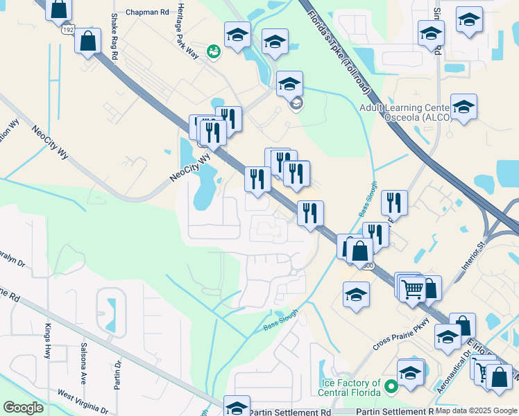 map of restaurants, bars, coffee shops, grocery stores, and more near 315 Parkland Circle in Kissimmee