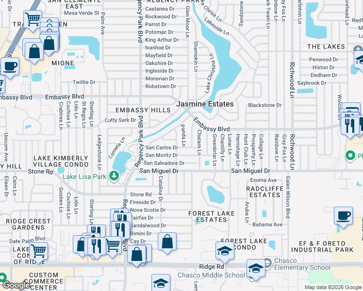 map of restaurants, bars, coffee shops, grocery stores, and more near 9121 Panda Lane in Port Richey