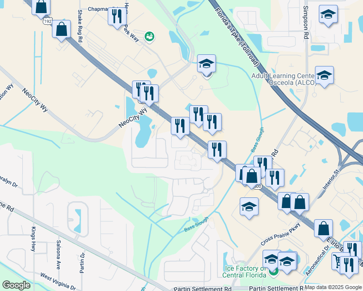 map of restaurants, bars, coffee shops, grocery stores, and more near 315 Parkland Circle in Kissimmee