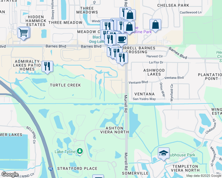 map of restaurants, bars, coffee shops, grocery stores, and more near 4066 Meander Place in Rockledge