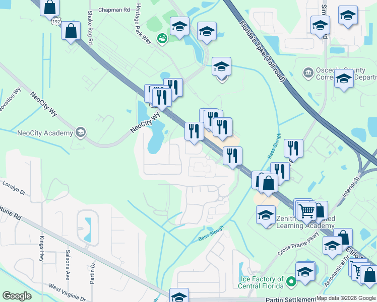 map of restaurants, bars, coffee shops, grocery stores, and more near 217 Magical Way in Kissimmee