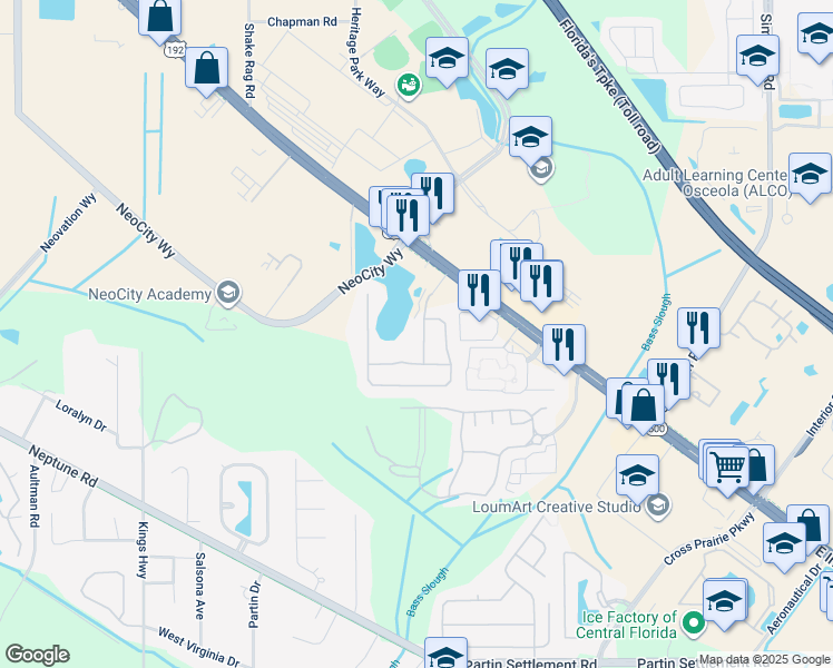 map of restaurants, bars, coffee shops, grocery stores, and more near 156 Magic Landings Boulevard in Kissimmee