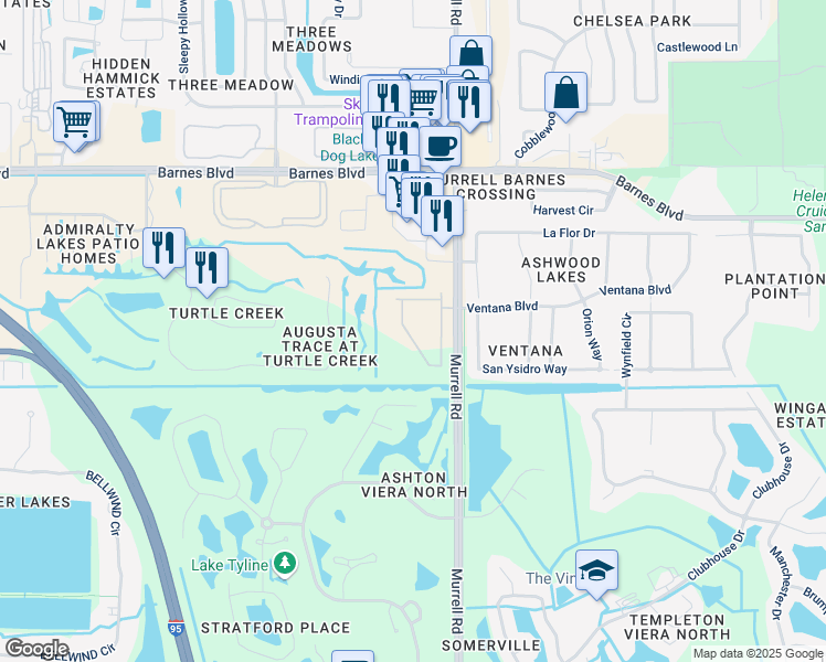 map of restaurants, bars, coffee shops, grocery stores, and more near 4086 Meander Place in Rockledge