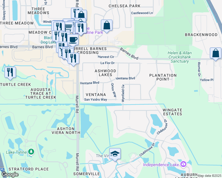 map of restaurants, bars, coffee shops, grocery stores, and more near 4080 Orion Way in Rockledge