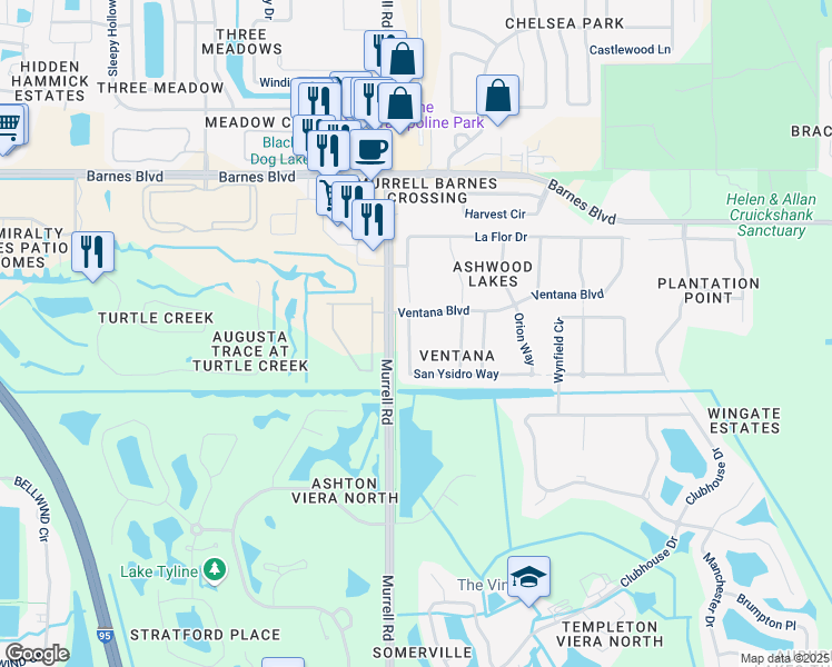 map of restaurants, bars, coffee shops, grocery stores, and more near 4175 San Ysidro Way in Rockledge