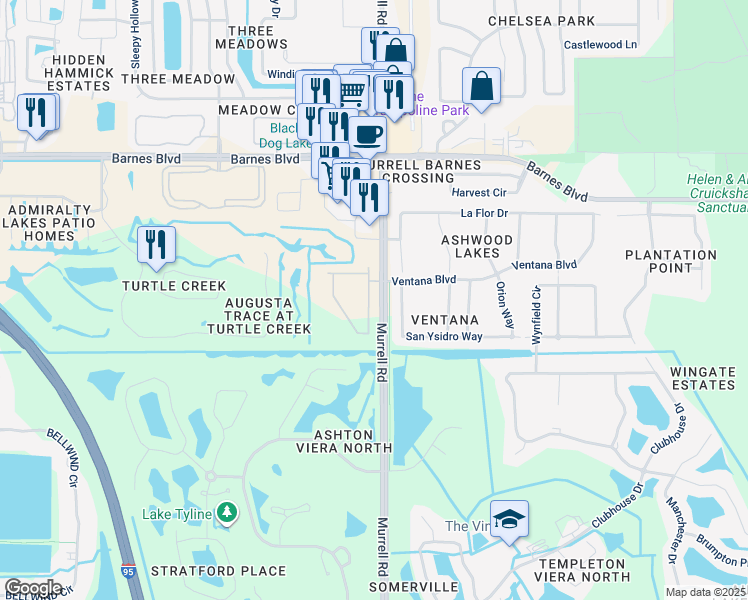 map of restaurants, bars, coffee shops, grocery stores, and more near 4007 Meander Place in Rockledge