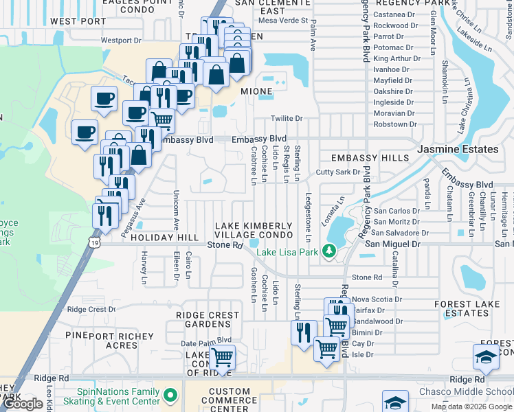 map of restaurants, bars, coffee shops, grocery stores, and more near 9120 Crabtree Lane in Port Richey