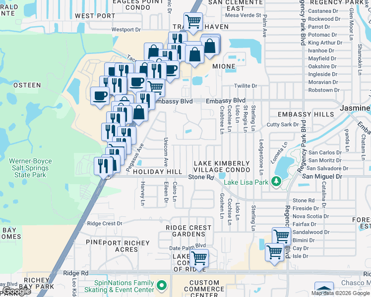 map of restaurants, bars, coffee shops, grocery stores, and more near 9112 Shawn Avenue in Port Richey
