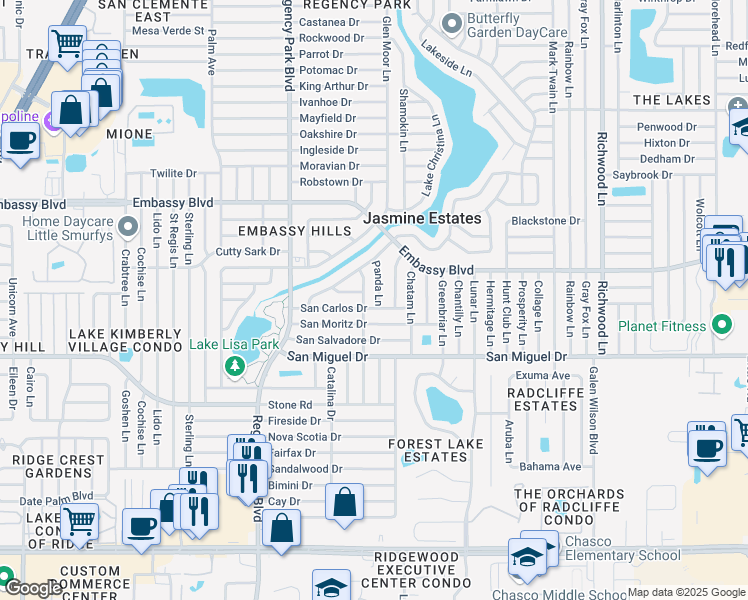 map of restaurants, bars, coffee shops, grocery stores, and more near 9121 Panda Lane in Port Richey