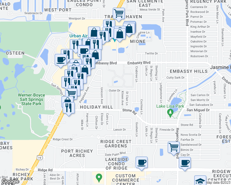 map of restaurants, bars, coffee shops, grocery stores, and more near 9112 Shawn Avenue in Port Richey