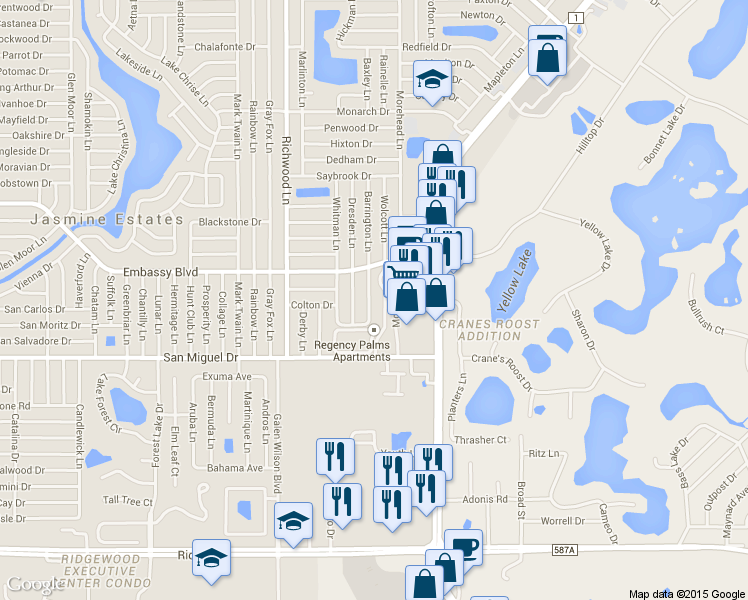 map of restaurants, bars, coffee shops, grocery stores, and more near 9128 Barrington Lane in Port Richey