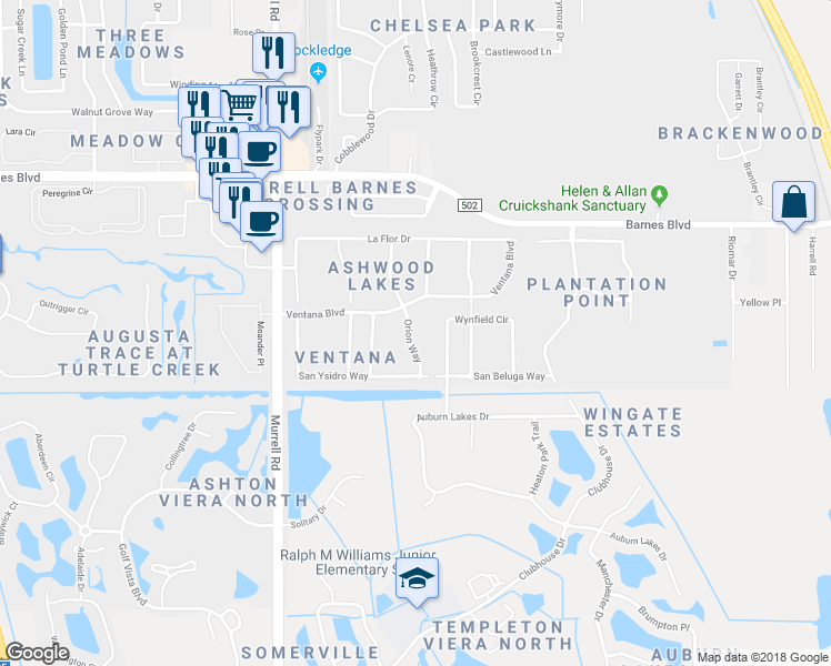 map of restaurants, bars, coffee shops, grocery stores, and more near 4080 Orion Way in Rockledge