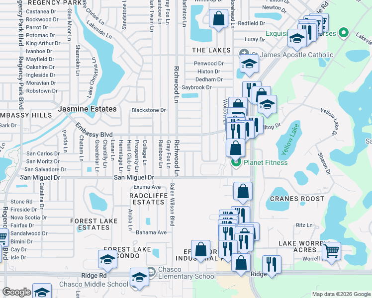 map of restaurants, bars, coffee shops, grocery stores, and more near 8033 Colton Drive in Port Richey
