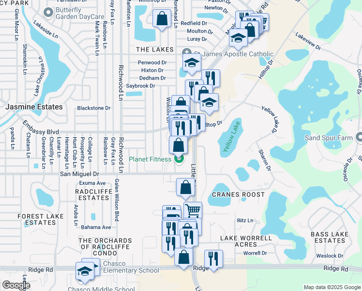 map of restaurants, bars, coffee shops, grocery stores, and more near 9117 Crane's Roost Drive in New Port Richey