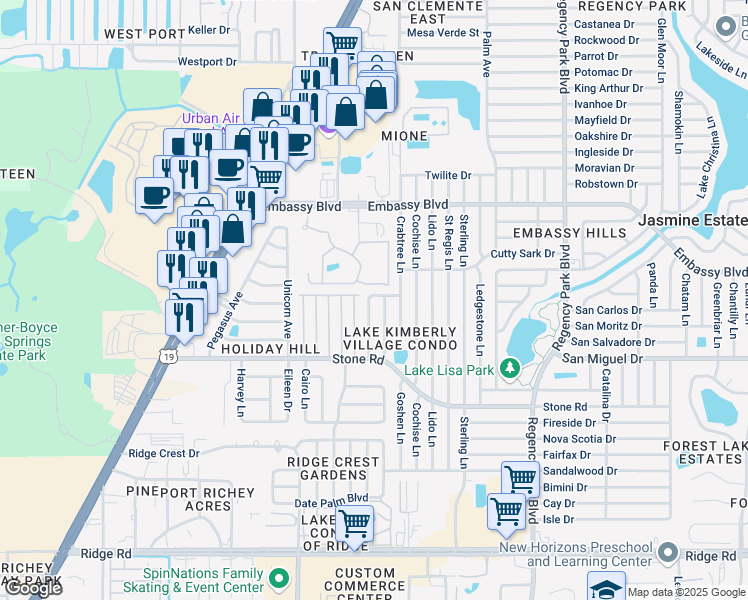 map of restaurants, bars, coffee shops, grocery stores, and more near 9120 Saint Clair Lane in Port Richey