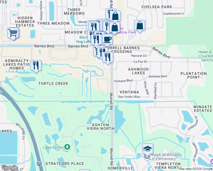 map of restaurants, bars, coffee shops, grocery stores, and more near 4016 Meander Place in Rockledge