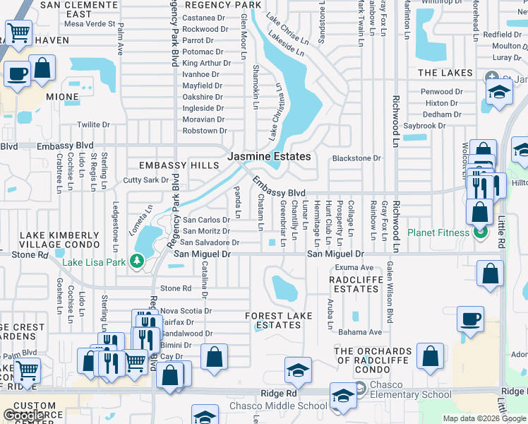 map of restaurants, bars, coffee shops, grocery stores, and more near 9120 Chatam Lane in Port Richey