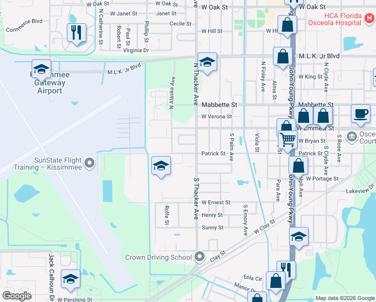map of restaurants, bars, coffee shops, grocery stores, and more near 2013 Patrick Street in Kissimmee