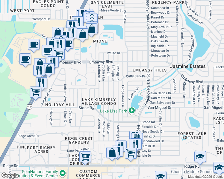 map of restaurants, bars, coffee shops, grocery stores, and more near 9125 Saint Regis Lane in Port Richey