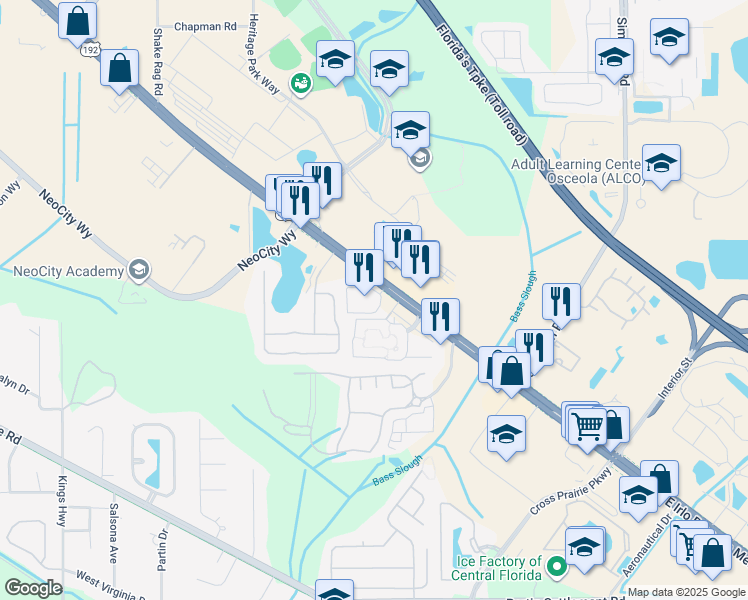map of restaurants, bars, coffee shops, grocery stores, and more near 315 Parkland Circle in Kissimmee