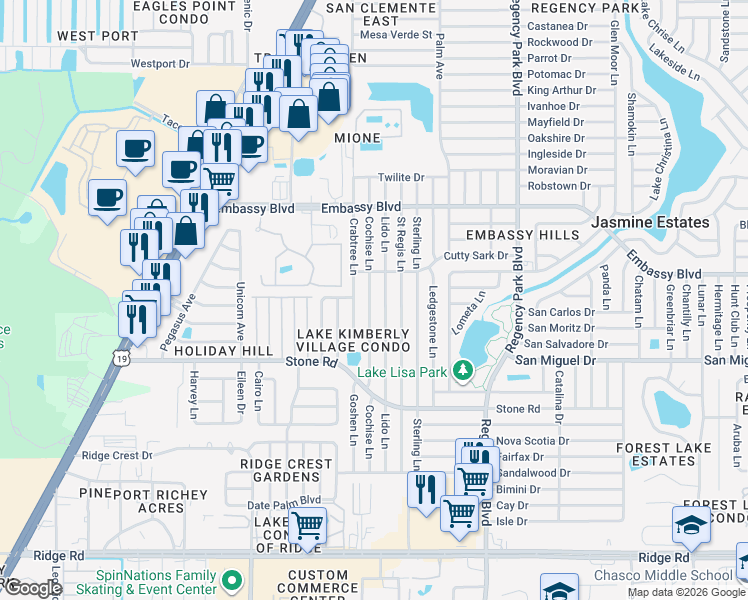 map of restaurants, bars, coffee shops, grocery stores, and more near 9120 Crabtree Lane in Port Richey
