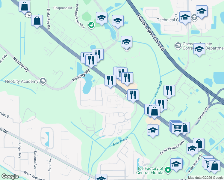 map of restaurants, bars, coffee shops, grocery stores, and more near 315 Parkland Circle in Kissimmee
