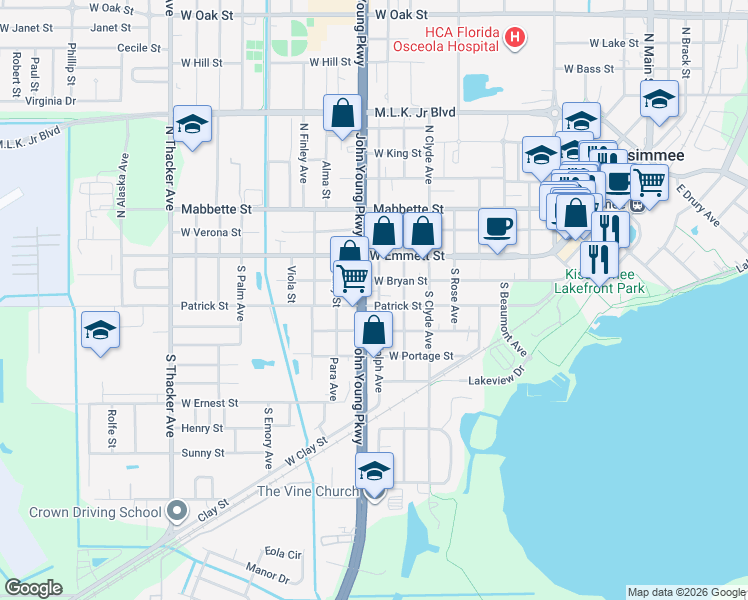 map of restaurants, bars, coffee shops, grocery stores, and more near 121 South John Young Parkway in Kissimmee