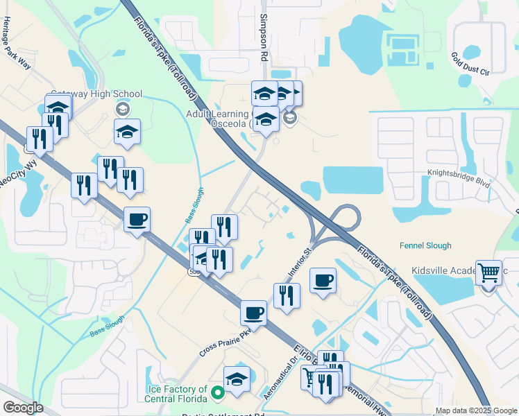 map of restaurants, bars, coffee shops, grocery stores, and more near 2306 Simpson Ridge Circle in Kissimmee