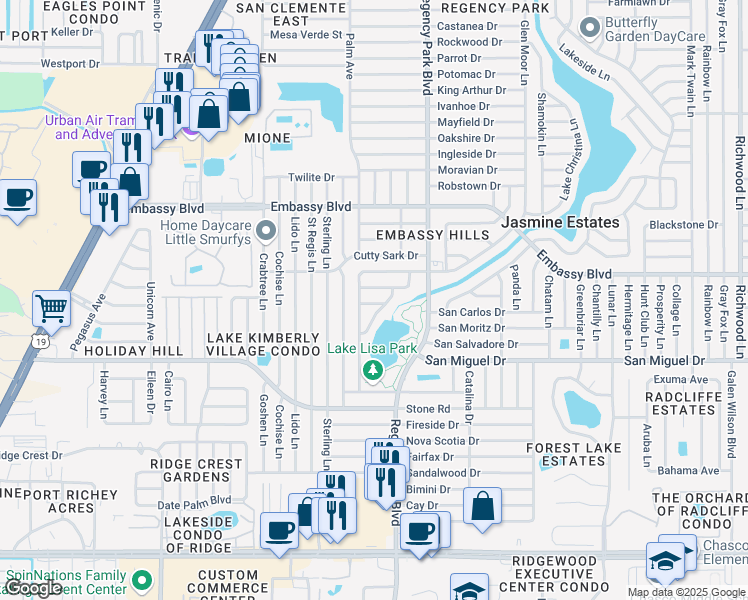 map of restaurants, bars, coffee shops, grocery stores, and more near 7025 Kingsway Drive in Port Richey