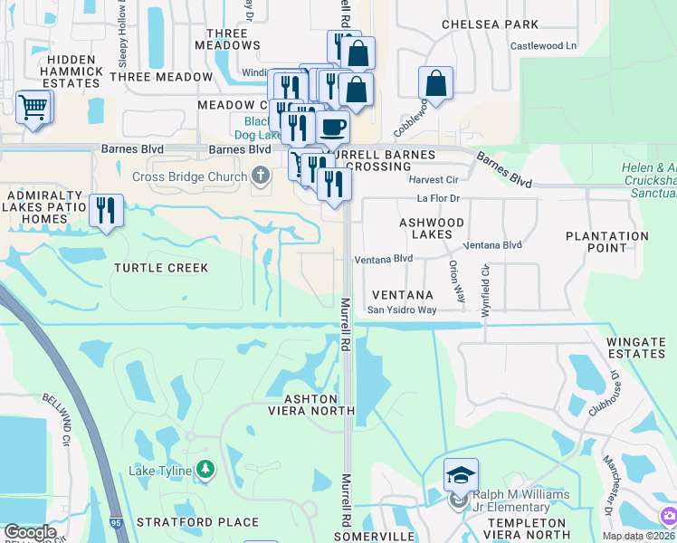 map of restaurants, bars, coffee shops, grocery stores, and more near 4007 Meander Place in Rockledge