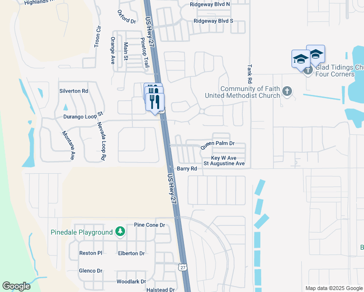 map of restaurants, bars, coffee shops, grocery stores, and more near Palm Key Boulevard in Polk County