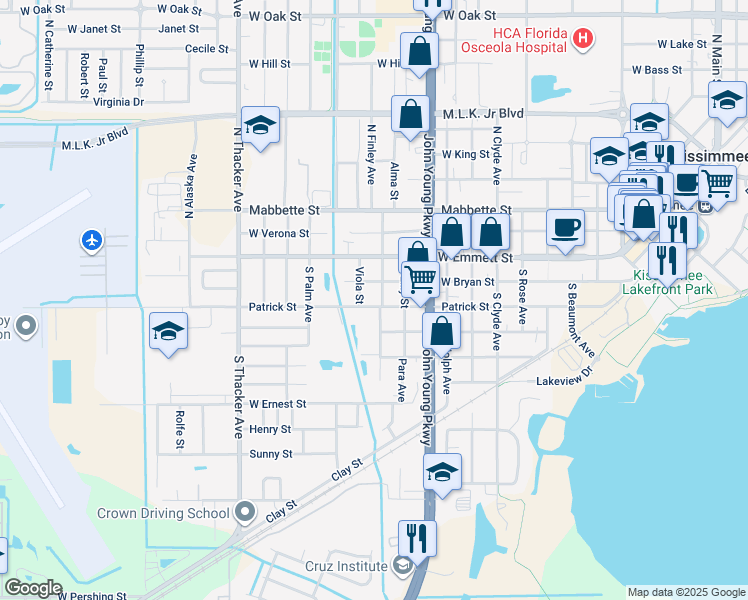 map of restaurants, bars, coffee shops, grocery stores, and more near 1409 Patrick Street in Kissimmee