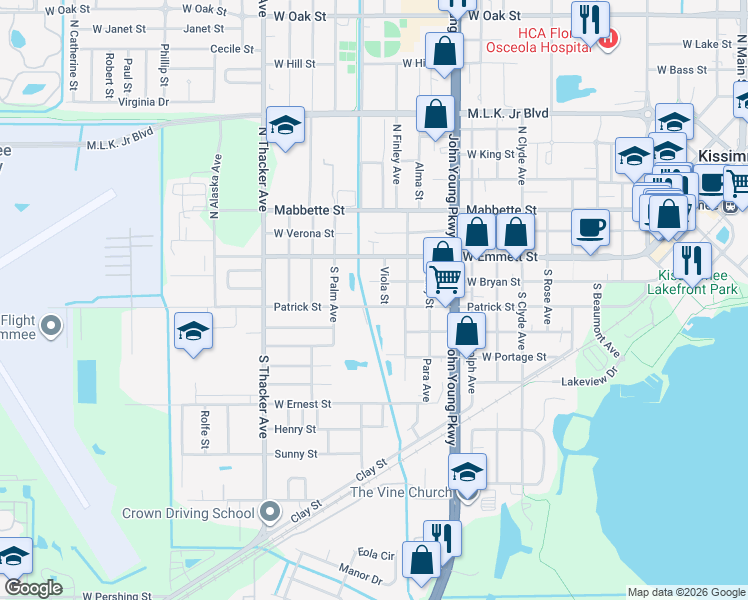 map of restaurants, bars, coffee shops, grocery stores, and more near 1515 Patrick Street in Kissimmee