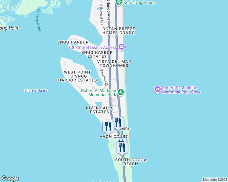 map of restaurants, bars, coffee shops, grocery stores, and more near 1590 South Atlantic Avenue in Cocoa Beach